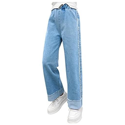 Happy Cherry jeans ragazze in denim pantaloni larghi vita alta jeans con tasche pantaloni lunghi denim blu dritto vintage per bambina, 6-7 anni