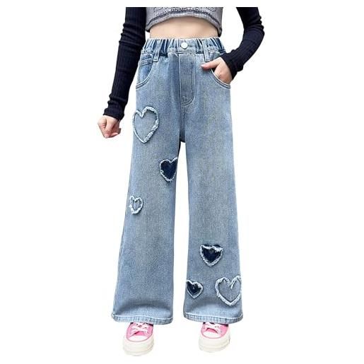 Happy Cherry jeans ragazze in denim pantaloni larghi vita alta jeans con tasche pantaloni lunghi denim blu dritto vintage per bambina, 11-12 anni