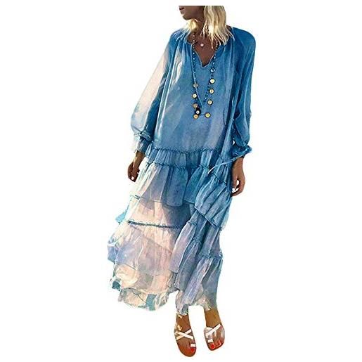 Minetom vestito lungo elegante donna abito maniche lunghe vestiti scollo a v casual mode bohemian abiti da spiaggia sera cocktail puntino maxi dress b blu 42
