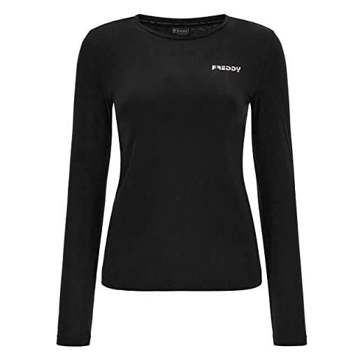 FREDDY - t-shirt elasticizzata a manica lunga con logo rame, nero, medium