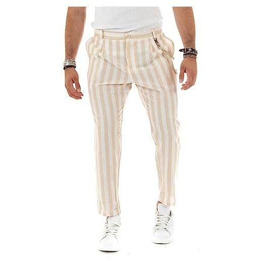 Giosal pantaloni uomo lino elastico rigato chiusura con bottone catena elegante casual (xl, beige)