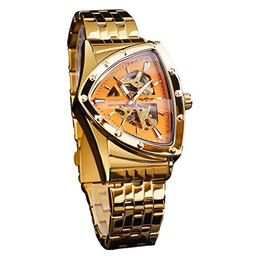 FORSINING orologio meccanico da uomo, alla moda, triangolare, oro, argento, quadrante nero scheletrato, orologio di lusso a carica automatica, impermeabile e luminoso, oro, bracciale