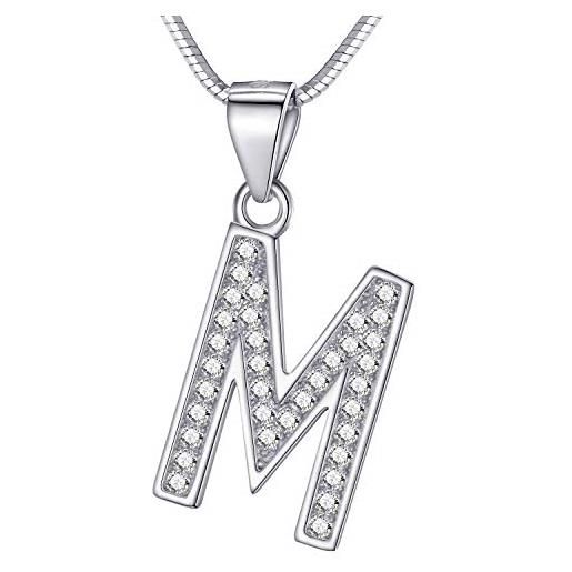 Morella collana donna con ciondolo a forma di lettera m in argento 925 rodiato, lunghezza 45 cm
