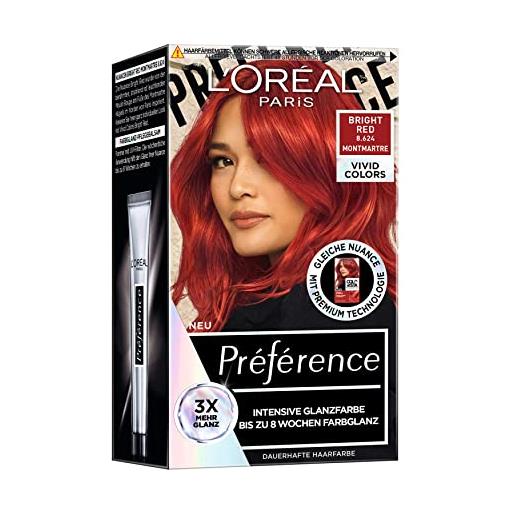 L'Oréal Paris colori intensi e duraturi per capelli, fino a 8 settimane, capelli lucidi e colori intensi, préférence vivid colors, colore: 8.624 bright red