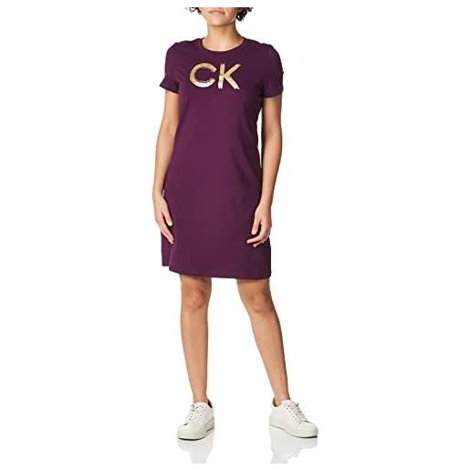 Calvin Klein short sleeve logo t-shirt dress vestito divertente, melanzana con strass, s donna