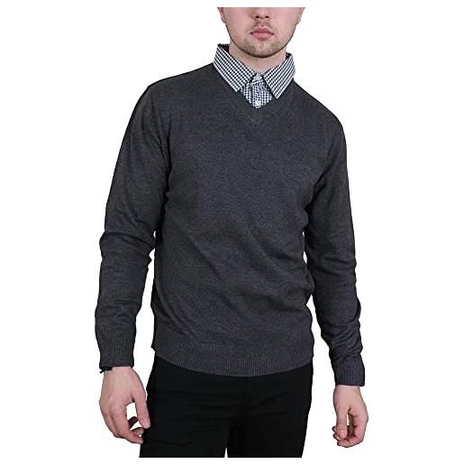 Enzo Moretti maglione da uomo con scollo a v, 100% cotone, con inserto per colletto a camicia, carbone marl, l
