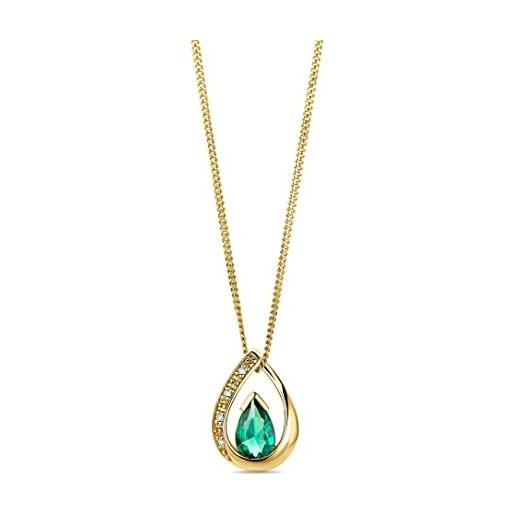 MIORE collana da donna in oro giallo 9 ct a forma di pera con pietra maggio, smeraldo da 0.30 carati e 4 diamanti naturali, pendente su catenina 45 cm