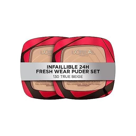 L'Oréal Paris trucco in polvere impermeabile con elevata opacità, finitura opaca e tenuta 24h, infaillible 24h fresh wear powder, n. 130 true beige, 2 x 9 g