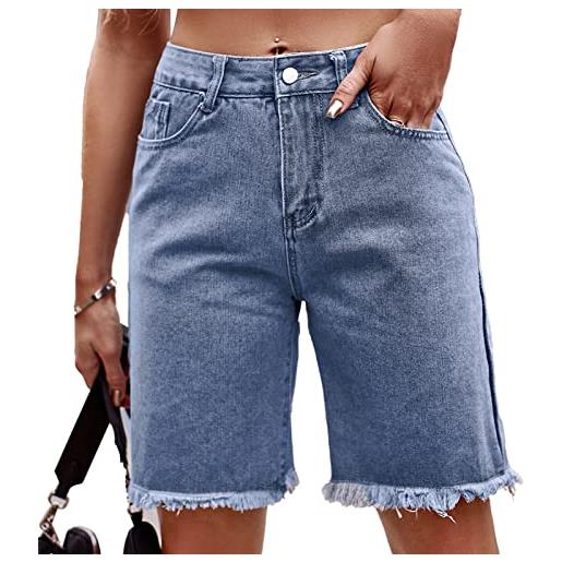 Cocoarm pantaloncini di jeans da donna al ginocchio, gamba dritta, vita media, nappa, vestibilità regolare, pantaloni corti in denim estivo morbido (l)