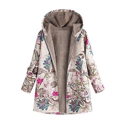 Xmiral donna elegante giacca con cappuccio stampa floreale vintage cappotti autunno inverno cardigan casuale moda manica lunga coat parka oversize (3xl, 1- rosa caldo)