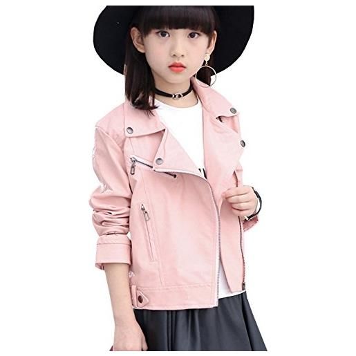LSERVER bambina giacca biker cuoio ragazza semipelle giacche biker da moda, rosa, 9-10 anni (etichetta: 160 cm)