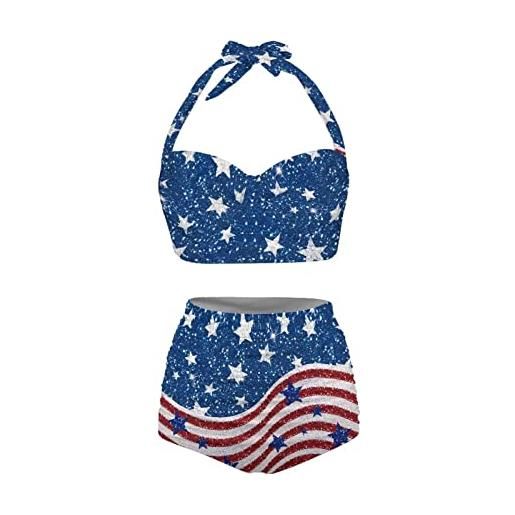 Yuuxorilu bikini da donna a due pezzi a vita alta con bikini arricciato a vita alta con fondo, bandiera americana. , 52