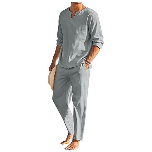 Halfword set di camicie di lino a maniche lunghe da uomo estate spiaggia di cotone pantaloni di lino abiti casual camicie traspiranti vacanza, bianco, xl