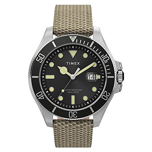 Timex orologio atlantis 43mm da uomo - cassa argentata con quadrante nero e cinturino in tessuto marrone chiaro tw2u81800