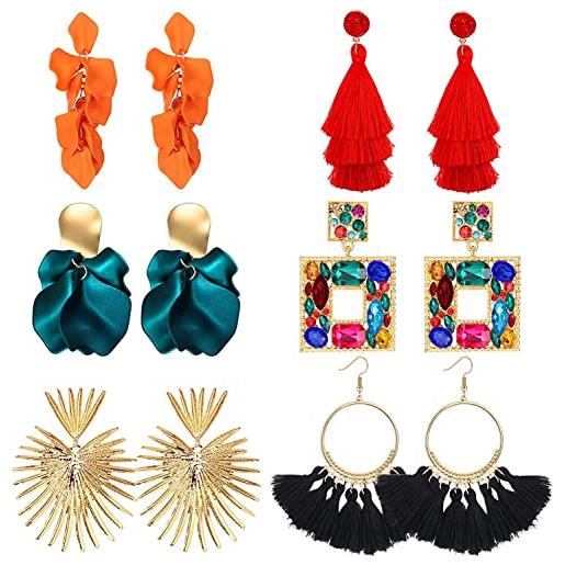 Diamday 6 paia bohemian pendenti orecchini per donne tendenza nappe orecchini colorati perle strass vintage acrilico rattan a goccia orecchini geometrici esagerati orecchini fatti a mano a