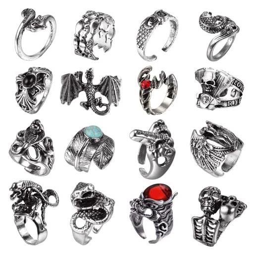 JeryWe 16-20 anelli vintage punk per uomini e donne anelli aperti gotici argento nero teschio scheletro polpo tentacolo occhi dell'inferno anelli regolabili set anelli impilabili y2k anelli per dita, 