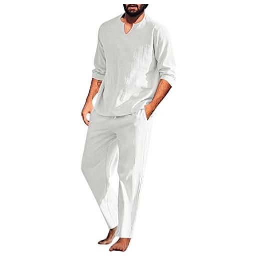 Beokeuioe pigiama da uomo in cotone e lino, a due pezzi, a maniche lunghe e pantaloni lounge con scollo a v, b bianco, l