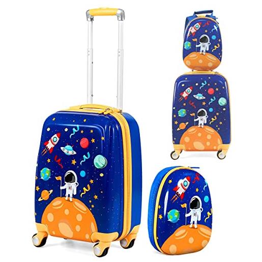 GOPLUS set di 2 pezzi da viaggio, valigia e zaino per bambini, valigetta con 4 ruote, rosa/blu, con disegni multicolore e carini (astronauta)