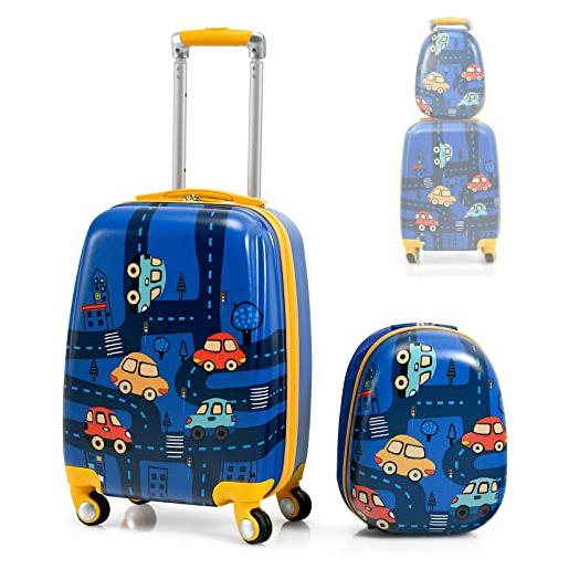 GOPLUS set di 2 pezzi da viaggio, valigia e zaino per bambini, valigetta con 4 ruote, rosa/blu, con disegni multicolore e carini (macchina)