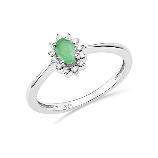 MIORE anello di fidanzamento a grappolo con diamanti e smeraldo in oro bianco 9 carati 375 12 diamanti naturali di 0,07 carati e uno smeraldo verde naturale ovale di 0,21 carati