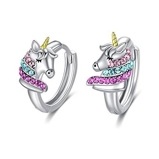 AOBOCO orecchini unicorno bambini argento sterling 925 cerchi con cristalli rosa, gioielli unicorno regalo di compleanno per ragazze donne (colorato)