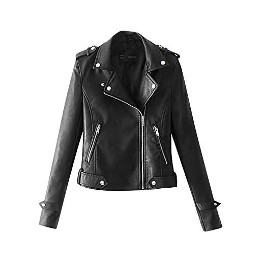Generic donne la cintura moda in ecopelle risvolto tasca tinta unita cerniera manica lunga stile da corsa slim biker giacca calda giacca, nero , l