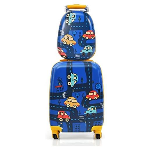 RELAX4LIFE 2 in 1 set di valigie per bambini, trolly 18''+zaino 12'', valigia trolley con ruote girevoli, zaino con piedini in plastica (navicelle spaziali)