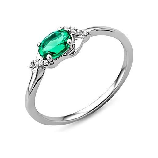 Miore jewelry anello di fidanzamento da donna con diamante da 0,03 ct con pietra preziosa smeraldo verde blu e 8 diamanti anello con diamante brillante in oro bianco oro 9 ct (375)