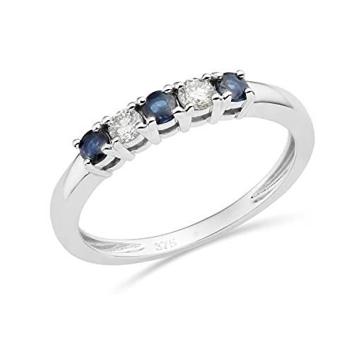 Miore anello eternità con diamanti e zaffiri, diamanti naturali di 0,13 carati e zaffiri blu naturali di 0,25 carati in oro bianco 9 carati 375