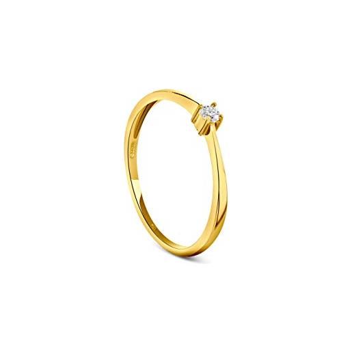 Miore gioielli anello solitario da donna, vero oro giallo 9kt 375 con diamante naturale taglio brillante ct. 0,05. Anello di fidanzamento classico con brillante solitario, anello anallergico. 