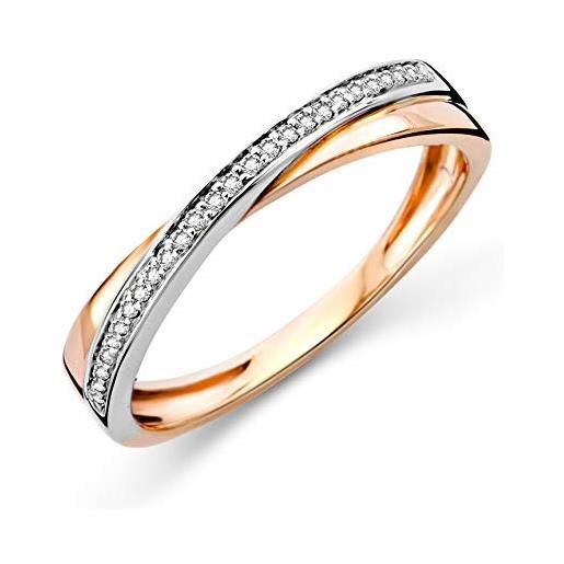 Miore - anello incrociato da donna con diamanti, bicolore, in oro bianco e oro rosa 9 carati/oro 375, diamanti da 0,08 carati, diamante