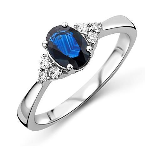 MIORE anello solitario classico da donna miore in oro bianco con zaffiro naturale blu ovale centrale di colore brillante e diamanti naturali, vero oro 9kt 375, anello di fidanzamento. Solitario anallergico