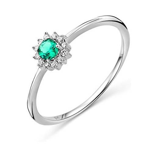 MIORE anello classico da donna oro bianco con smeraldo centrale e diamanti naturali, vero oro 9kt 375, anello di fidanzamento anallergico con gemme brillanti e contorno di diamanti. 