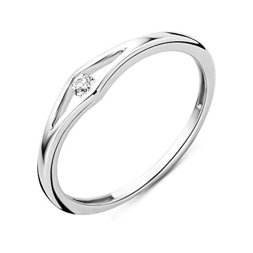 Miore anello solitario da donna in oro bianco 9 carati (375) con diamante brillante da 0,05 ct, oro