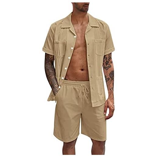 Caziffer tuta elegante estate da uomo 2 pezzi di lino manica corta button down camicia + coulisse pantaloncini allentati spiaggia set vestiti suit (khaki, m)