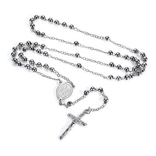 Faithheart - rosario con perline, rito cattolico, per donna e uomo, collana extra lunga e acciaio inossidabile, colore: metallic beads-silver, cod. Tn12044g-e
