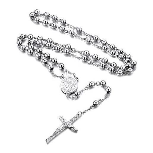 FaithHeart collana rosario cristiano medagila san michele argento nero oro catena lunga di perline preghiera 66+16 cm collana amuleto gioielli religiosi regalo compleanno