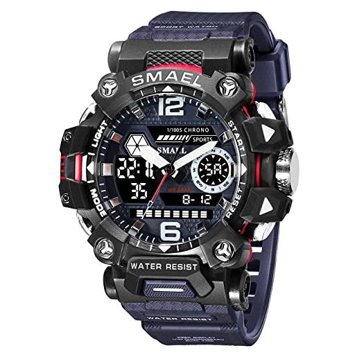 SMAEL orologio militare da uomo outdoor led orologio digitale impermeabile tattico esercito orologi sportivi da polso per gli uomini blu 8072, blu e nero. 