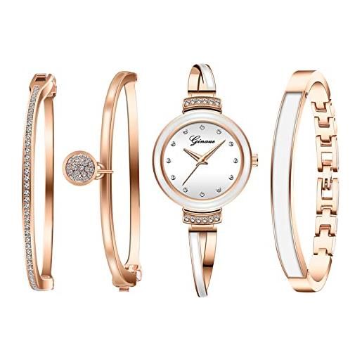 JewelryWe 4pcs set orologio bracciale da donna elegante, orologio da polso piccolo con 3 braccialetti, colore oro rosa/argento, regalo per donna