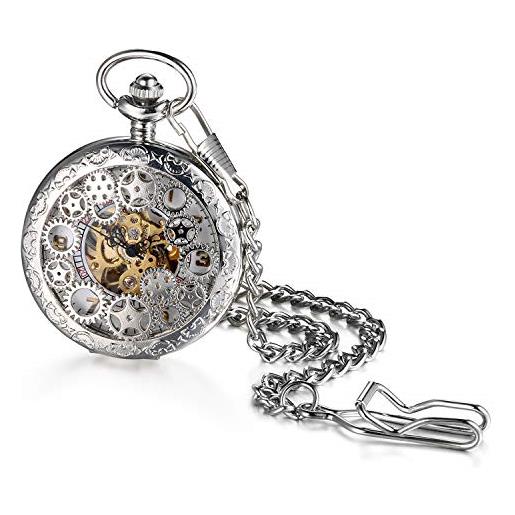 JewelryWe orologio da tasca a quarzo hollow collana in lega orologio vintage orologi meccanici colore argento