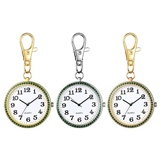 JewelryWe orologio da tasca con moschettone portachiavi orologio al quarzo orologio analogico con strass per medici infermieri paramedici cuochi oro bianco