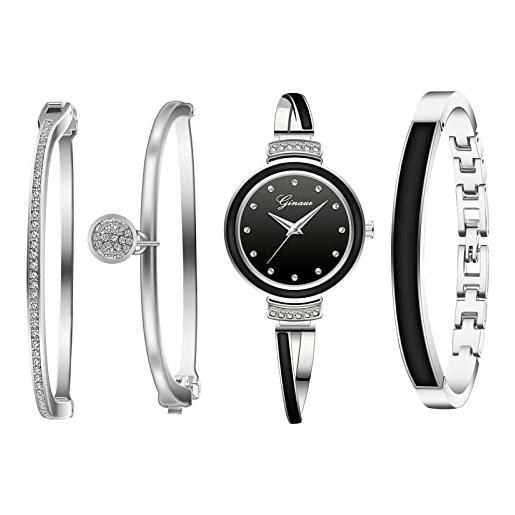 JewelryWe 4pcs set orologio bracciale da donna elegante, orologio da polso piccolo con 3 braccialetti, colore oro rosa/argento, regalo per donna
