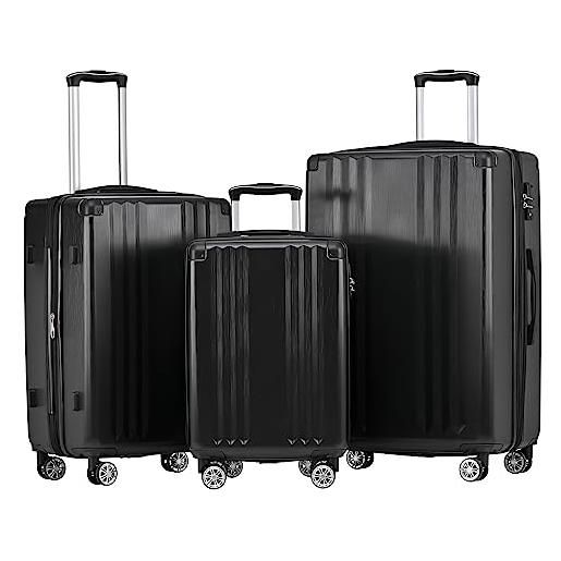 Merax set di 3 valigie rigide trolley, valigetta da viaggio, bagaglio a mano, lucchetto tsa, 4 ruote, manico telescopico, materiale abs, m-l-xl, nero, nero, m-l-xl, valigetta rigida