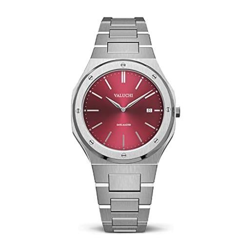 Valuchi orologio di lusso da uomo date-master in acciaio inossidabile con vetro zaffiro al quarzo (rosso argento)