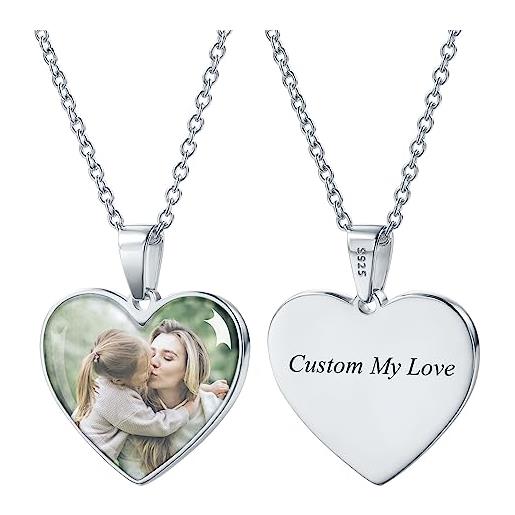 INBLUE personalizzato collana a forma di cuore con foto/testo inciso ciondolo in argento sterling 925 dog tag memorial regalo per madre famiglia amico donne (cuore-argento)