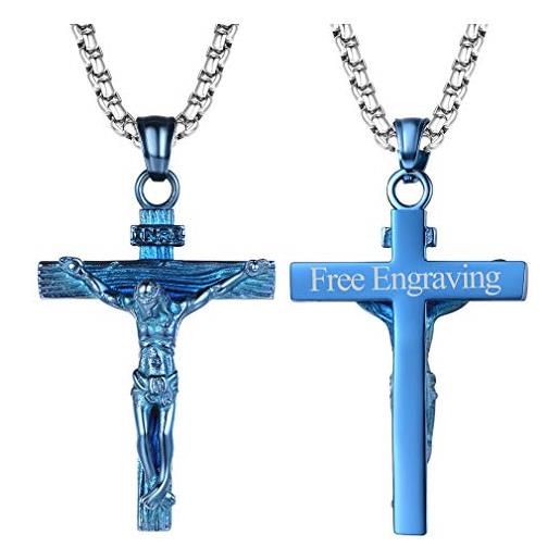 FaithHeart collana croce uomo crocifisso inri ciondolo di gesù modello retro cristo sulla croce con catena da 55+5 cm in blu personalizzabile retro regalo compleanno