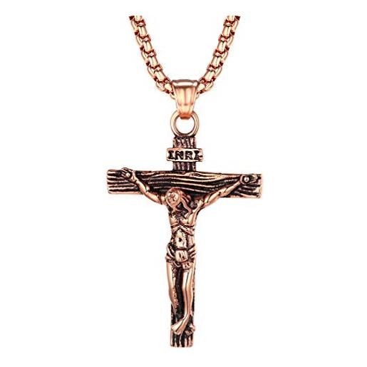 FaithHeart collana croce uomo crocifisso inri ciondolo di gesù modello retro cristo sulla croce con catena da 55+5 cm in oro rosa retro regalo compleanno