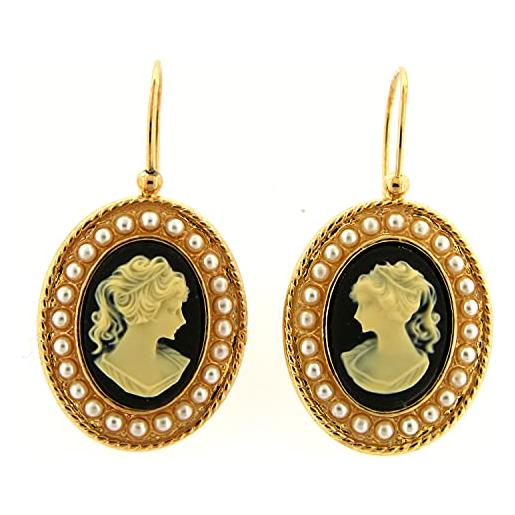 Mokilu' - gioielli - orecchini vintage - donna - ottone dorato 24kt - cammeo centrale nero con perle avorio