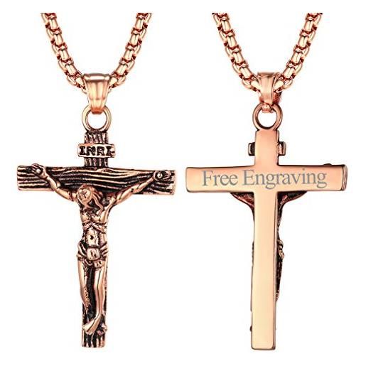 FaithHeart collana croce uomo crocifisso inri ciondolo di gesù modello retro cristo sulla croce con catena da 55+5 cm in oro rosa personalizzabile retro regalo compleanno