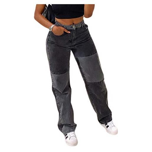 Caziffer pantaloni patchwork da donna jeans a vita alta in denim dritti invecchiati con tasca sexy color block high street pantaloni lunghi in denim (nero, m)